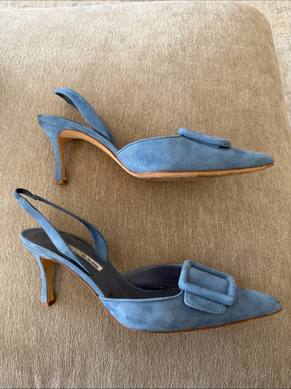 Manolo Blahnik Maysli Powder Blue Suede Pointed Slingback Pumps with Buckle - Picture 5 of 6